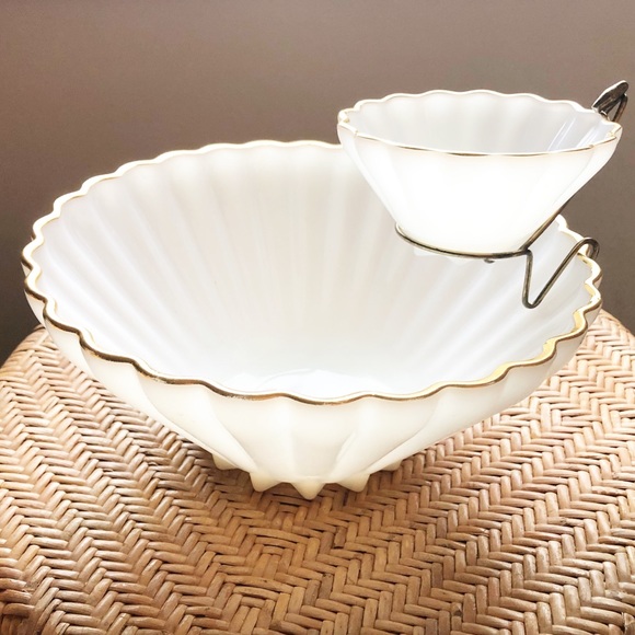 Vintage Milk Glass Gold Rim Tiered Serving Bowl